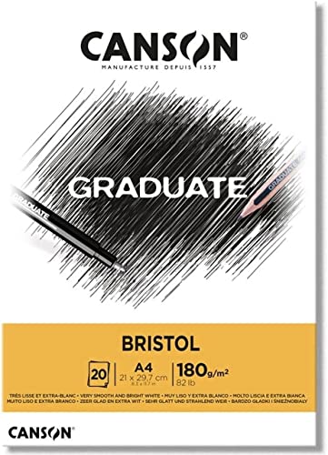 CANSON Graduate Bristol 180gsm A4 Paper, Very Smooth, Pad Glued Short Side, 20 Bright White Sheets, Ideal for Student Artists - A4