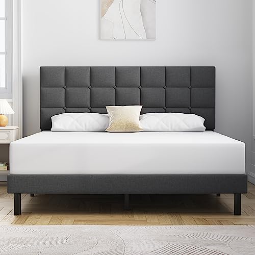 Molblly Twin Bed Frame Upholstered Platform with Headboard and Strong Wooden Slats, Non-Slip and Noise-Free,No Box Spring Needed, Easy Assembly,Dark Gray - Dark Gray - Twin