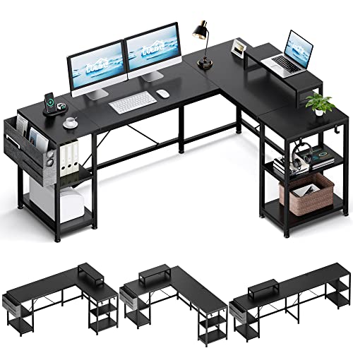 Lulive L Shaped Desk, 95" Reversible Corner Computer Desk with Shelves, Monitor Stand, Storage Bag, Hooks, 2 Person Long Desk for Home Office Writing Study Workstation (Black) - Black