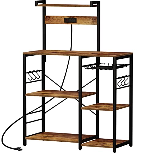 SUPERJARE Bakers Rack with Power Outlet, Microwave Stand, Coffee Bar with Wire Basket, Kitchen Storage Rack with 6 S-Hooks, Kitchen Shelves for Spices, Pots and Pans - Rustic Brown - Charcoal Gray
