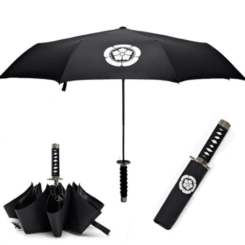 Cool Lemon Samurai Katana Master Sword Hilt Handle Folding Umbrella Anime Portable Travel Japanese Ninja Compact Umbrellas Windproof, Black Glue Anti UV, Business Birthday Gift for Men