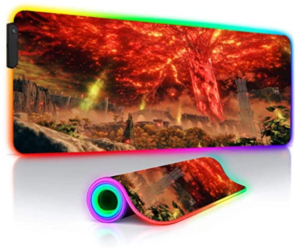Mouse Pads Anime Elden Ring RGB Gaming Mousepad Large LED Mouse Pad Non-Slip Rubber Base PC Gamer Laptop Mat for CSGO 23.6 X11.8 Inch