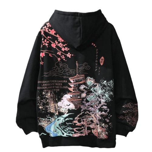 Women Men Aesthetic Japanese Sakura Hoodie, Y2K Anime Harajuku Cloth Korean Hooded Long Sleeve Sweatshirt for Winter Fall - Black Large