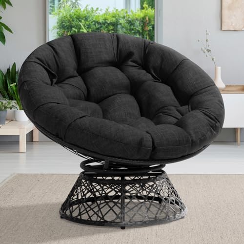 Bme 40" Ergonomic Wicker Papasan Chair with Soft Thick Density Fabric Cushion, High Capacity Steel Frame, 360 Degree Swivel for Living, Bedroom, Reading Room, Lounge, Onyx Stone - Black Base - Onyx Stone - Black Base - Upgrade Cushion - Classic 40"