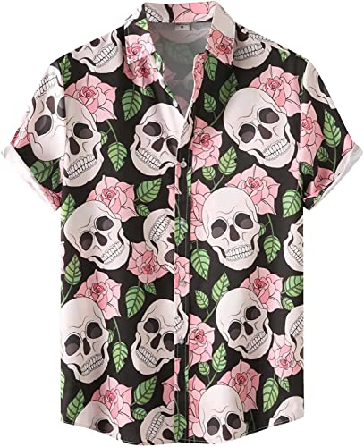 Halloween Shirt Men Fun Pumpkins Skull Short Sleeve Button Down Hawaiian Holiday Shirts - X-Large - Skull and Roses