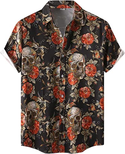 Halloween Shirt Men Fun Pumpkins Skull Short Sleeve Button Down Hawaiian Holiday Shirts - X-Large - Skull and Roses2