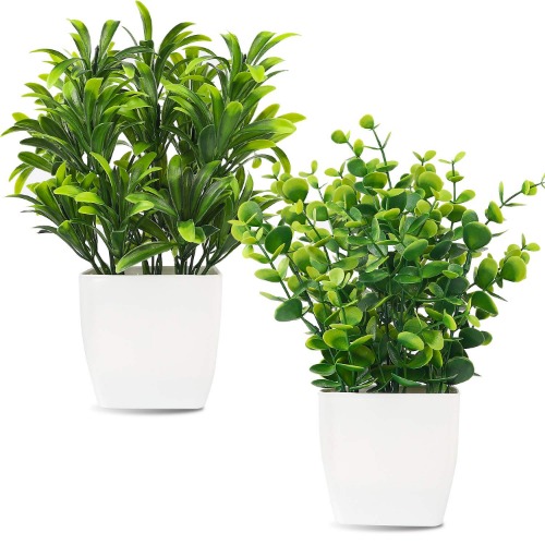 Whonline 2pcs Small Fake Plants, Artificial Potted Plants, Faux Mini Plants Indoor, Plastic Eucalyptus Plants for Home Office Desk Bathroom Bedroom Greenery Decoration - 