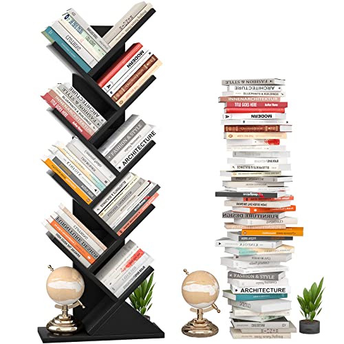 Topfurny Tree Bookshelf, 9-Tier Shelf Rustic Brown Bookcase, Retro Wood Storage Rack for CDs/Movies/Books, Anti-Fall Utility Organizer Shelves for Living Room, Bedroom, Home Office, Black - Black - Large