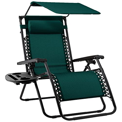 Best Choice Products Folding Zero Gravity Outdoor Recliner Patio Lounge Chair w/Adjustable Canopy Shade, Headrest, Side Accessory Tray, Textilene Mesh - Light Blue - Beige
