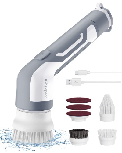 LABIGO Electric Spin Scrubber, Power Scrubber for Bathroom Car Tile Grill tub,Electric Cleaning Brushes with 4 Replaceable Brush Heads,2 Adjustable Speeds (Grey) - Gray