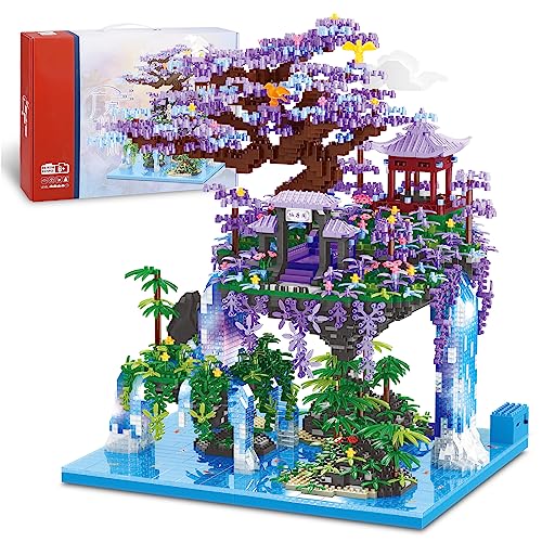 NEWABWN Chinese Architecture The Moon Palace Pavilion Micro Mini Building Blocks Set for Adults, Bonsai Tree House Gift Toys with String Lights, Flowers Micro Bricks Building Set for Kids (4574PCS) - Moon Palace
