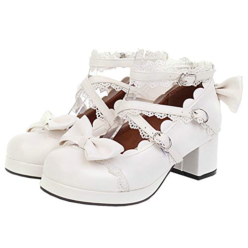 LUXMAX Women Lolita Cosplay Shoes Cross Strap Block Heel Mary Jane Lace Pumps - 10 - White