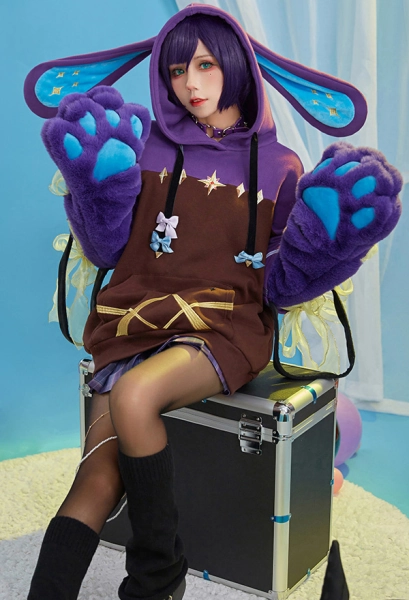 Mona Derivative Pullover Hoodie with Detachable Bag Design Furry Paw Gloves Genshin Impact Kawaii Bunny Ear Big Gloves Hoodie
