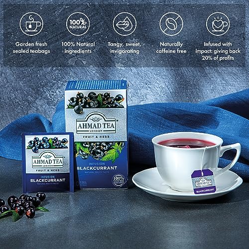 Ahmad Tea Herbal Tea, Blackcurrant Teabags, 20 ct (Pack of 1) - Decaffeinated & Sugar-Free - Blackcurrant - 1 Count (Pack of 20)