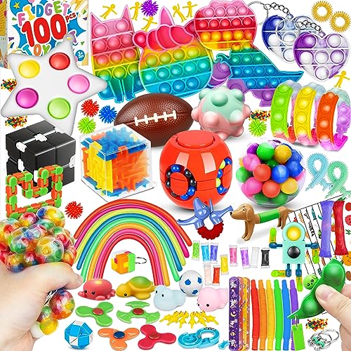 (100 Pcs) Fidget Toys Pack, Party Favors Carnival Treasure Classroom Prizes Small Mini Bulk Sensory Figit Toys Set for Boys Girls Kids Adults, Stress Relief & Anxiety Relief Tools Autistic ADHD Toys