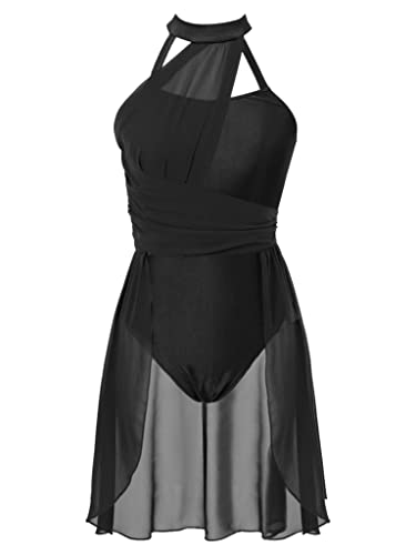 Jowowha Damen Ballettkleid Neckholder Eiskunstlauf Kleid Ballettanzug mit Asymmetrisch Rock Ballett Trikot Tanzbody Modern Lyrisch Tanzkleid - L - Aa Schwarz