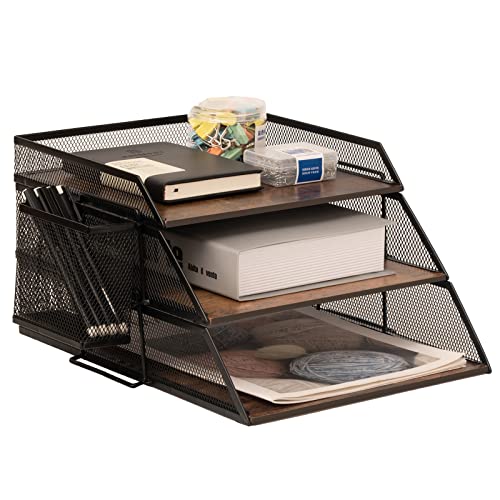 Vintage Wood & Metal Letter Tray， Stackable Desk Organizers Paper Tray， for File Magazines Mail Organizer, Vintage Wood Desk File Organizer with Pen Holder(3 Layer) - 3 Layer