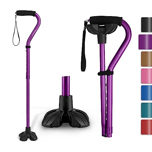 GPTCAMP G1 Walking Cane for Women & Men, Lightweight & Sturdy Offset Walking Stick, Large Quad Base Walking Cane with Autonomous Standing for Seniors and People with Leg Injuries - purple