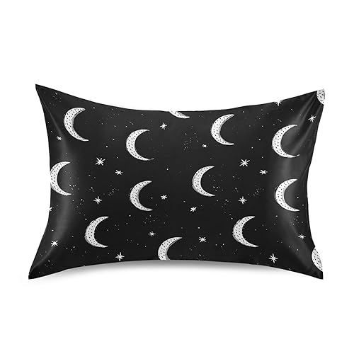 Moon Stars Pillow Covers Silk Pillowcase for Hair and Skin Soft and Smooth Cooling Satin Pillowcase Standard Size Pillow Case for Women Hot Sleepers, Night Sweats Bed (20x30 Inch) - M30x20in