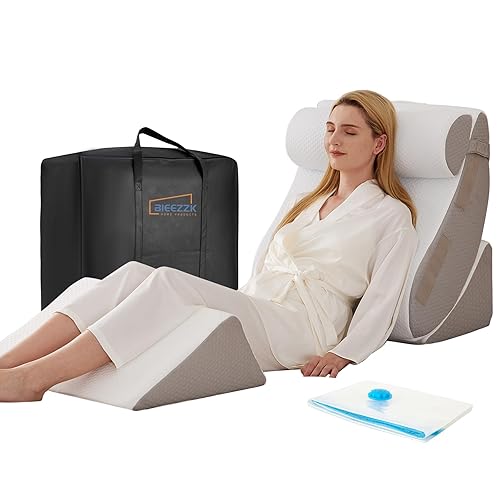 Orthopedic Bed Wedge Pillow Set 4PCS, Wedge Pillow Set for Back Pain Relief, Sitting up in Bed, Post Surgery, Acid Reflux, Snoring&GERD, Body Pillow for Sleeping,Leg,Neck,Shoulder Support, White/Grey - White/Grey