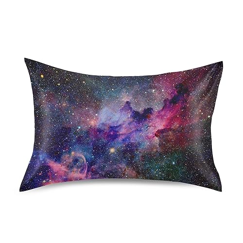 Dalzium Nebula Galaxy Sky Satin Pillowcase for Hair and Skin, Purple Galaxy Space Silk Pillow Case with Envelope Closure, Queen Size 20x30 inches, 1 PC - Queen 20''x30'' - Dark Purple