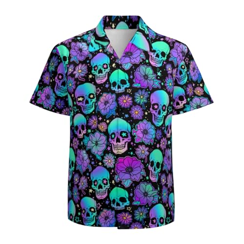 Mens Hawaiian Shirts Short Sleeve Button Up Beach Shirts - Medium - Skull