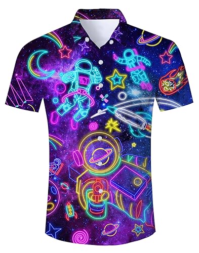 Fanient Mens Hawaiian Shirt Summer 3D Print Casual Short Sleeve Button Down Graphic Aloha Dress Shirts - Medium - Neon Astronaut