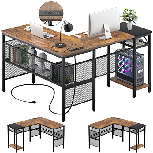 Unikito L Shaped Computer Desk with USB Charging Port and Power Outlet, Reversible L-Shaped Corner Desk with Storage Shelves, 2 Person Gaming Table Modern Home Office Desk, Rustic and Black - Rustic