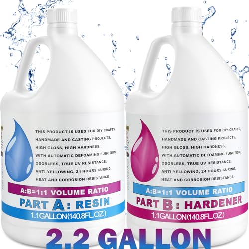Epoxy Resin 2.2 Gallon Kit, Crystal Clear Resin Epoxy Kit, Epoxy Resin Self-Leveling, High-Gloss,Not Yellowing, No Bubbles,Casting&Coating for DIY Art&Crafts,Jewelry Making,Table Top,Wood,Resin Molds - 2.2 Gallon Kit