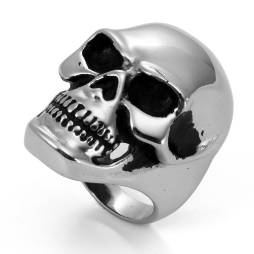 JewelryWe Mens Skull Biker Ring: Stainless Steel Big and Heavy Polished Skull Rings Band for Halloween Valentines Day - S
