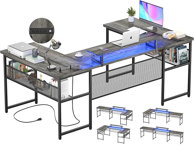Unikito 130 Inch Computer Desk, DIY Sturdy U Shaped Office Desk with Smart Strip Light and Magic Power Outlet, Cool Modern Gaming Table with Monitor Stand and Storage Shelves, Space Free, Black Oak - Black Oak