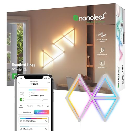 Nanoleaf Lines WiFi Smart RGBW 16M+ Color LED Dimmable Gaming and Home Decor Wall Lights Starter Kit (9 LED Light Lines)