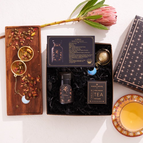 Astrology-Minded Mini Gift Set with Opal Moon Strainer | Libra: Luxe Sampler with Opal Moon Tea Strainer