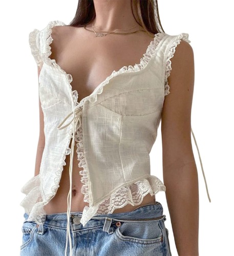 Women Lace Patchwork Crop Top Sexy V Neck Spaghetti Strap Tank Cami See Through Camisole Shirt Y2k E Girl Clothes - Medium - E Cute Lace Trim