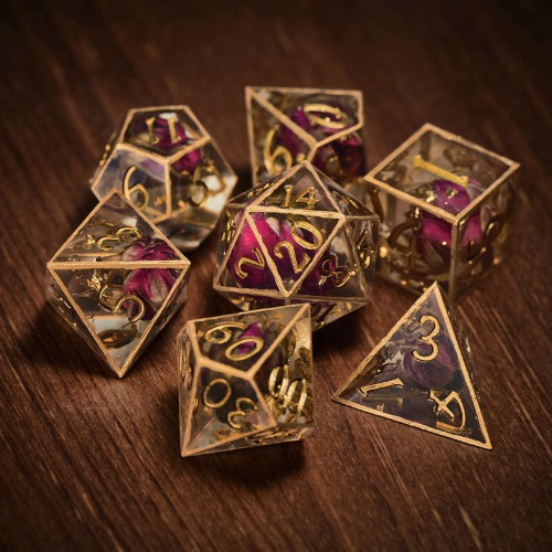 Gold Edged Rose Bud Glitter Resin DnD D&D Dice Set | Full Set