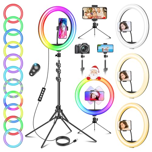12-inch Selfie Ring Light with 150 cm Extendable Tripod Stand Mobile Phone Holder for Live Stream Makeup, Dimmable LED Desktop Lamp, 20 RGB Modes, 13 Brightness