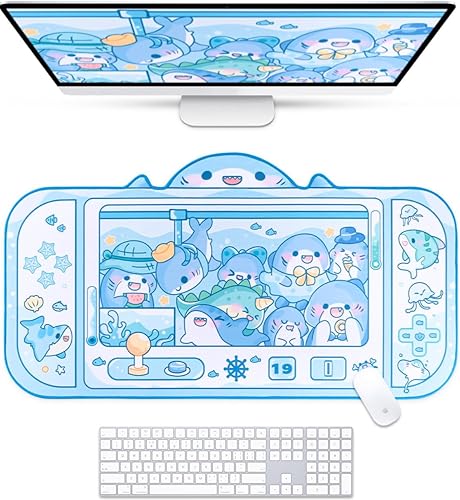 BelugaDesign Shark Desk Pad | Cute Pastel Large Mouse Pad | Ocean Switch Anime Keyboard Gaming Mousepad | Machine Washable Nonslip Desk Blotter Protector (Blue White) - Blue White