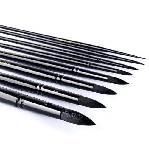 Transon 8pcs Round Watercolor Paint Brush Set Goat Hair for Watercolors,Acrylics,Inks,Gouache,Oil and Tempera Black Color - Black