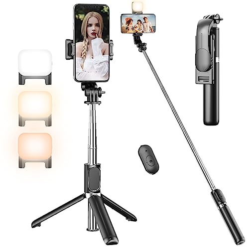 Selfie Stick Tripod with Fill Light, Extendable Selfie Stick & Flexible Phone Tripod Stand with Wireless Remote, Compatible with iPhone/Samsung, etc. - B-Black