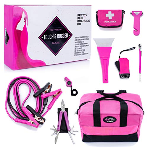 Pretty Pink Roadside Kit - Pink Emergency Kit for Teen Girls and Women - Car Accessories for Women - Durable Carry Bag with Pink Jumper Cables, First Aid Kit, Pink Tools, 5 Year Warranty