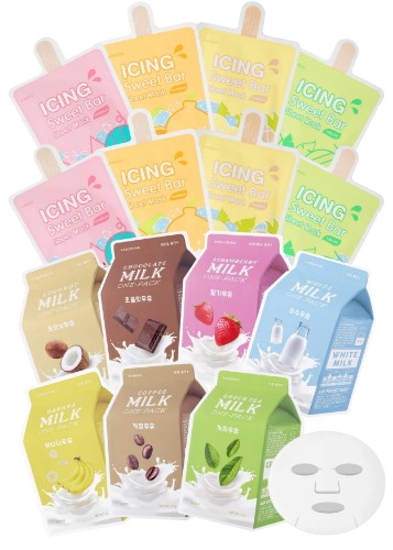 A’pieu Milk Sheet Mask (7 flavors in 1 pack) with Milk Essence + Icing Sweet Bar Mask Sheet (8 sheets in 1 pack) With Fruit Essence - Korean skincare for normal to dry skin. - 