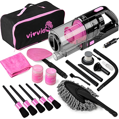 vioview Car Cleaning Detailing Kit Interior Cleaner, 14Pcs Car Cleaning Supplies with High Power Portable Car Vacuum Cleaner, Detailing Brush Set, Windshield Cleaner, Pink Car Accessories for Women - 14 pcs