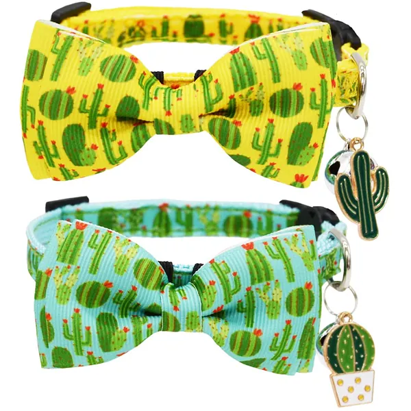 2 Pack Cactus Breakaway Cat Collar Bow Tie with Bell and Pendant Adjustable Safety Buckle Collars for Kitten Yellow and Green - 