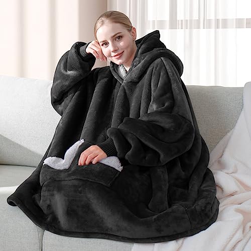 Touchat Wearable Blanket Hoodie, Oversized Sherpa Blanket Sweatshirt with Hood Pocket and Sleeves, Gifts Hooded Blanket for Adult Women Men (Black) - Black