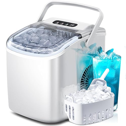 Countertop Portable Ice Maker Machine with Handle, 9 Bullet-Shaped Ice Cubes Ready in 6 Mins, 26Lbs/24H, Self-Cleaning Function with Ice Scoop and Basket for Home/Kitchen/Party (White) - 26LBS/24H - White - 1