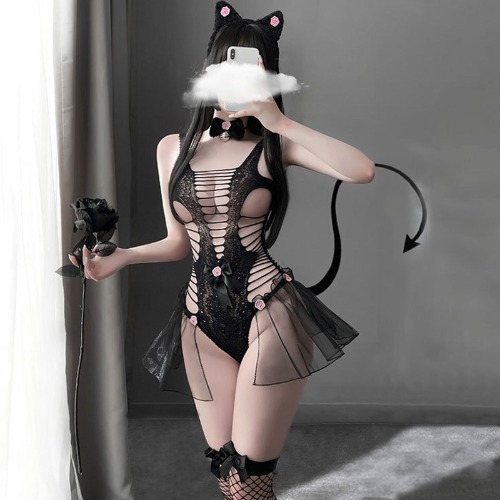 Amorino Neko Girl Costume - Adorable Cat Cosplay Lingerie - Black / L
