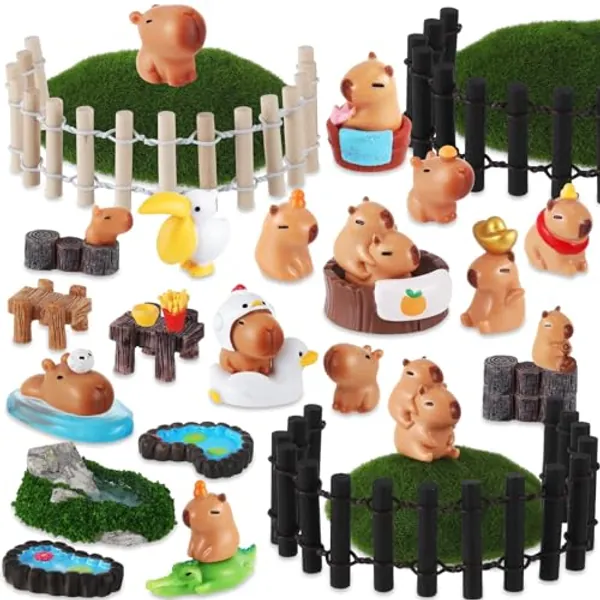 Simgoing 36 Pcs Mini Capybara Figures Playset Include 19 Simulation Capybara Model 15 Miniature Garden Accessories 1 French Fries Ornament 1 Egg Tart Ornament for Birthday Christmas Decorations Gifts