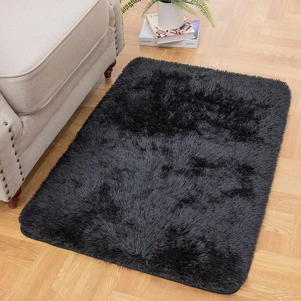 Ophanie Small Area Rug, 2 x 3 Feet Throw Rug, Fluffy Shag Fuzzy Soft Black Rugs for Bedroom, Plush Shaggy Bedside Indoor Floor Room Carpet for Kids Baby Teen Dorm Home Decor Aesthetic, Nursery - 2x3 Feet Black