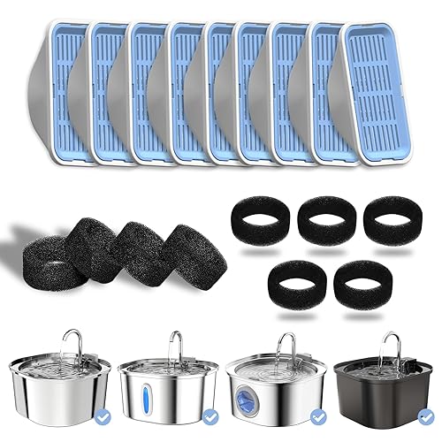 PEKTACO Cat Water Fountain Filters Replacement & Pre-Filter Sponges for 3.2L/108oz Automatic Pet Fountain, Dog Water Dispenser 9 Pack Filters & 9 Pre-Filter Sponges Foam Filters - 9 Filters+9 Sponges