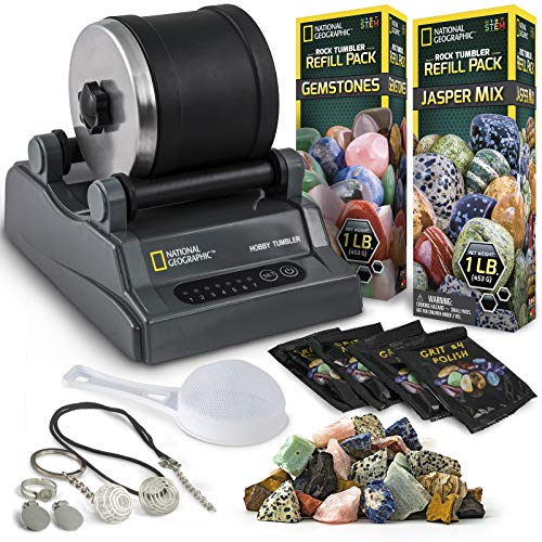 NATIONAL GEOGRAPHIC Hobby Tumbler - Rock Polisher for Kids & Adults, Noise-Reduced Barrel, Grit, 2.5 Pounds Raw Gemstone & Jasper Mix, Great STEM Hobby Kit, Medium - Hobby Bundle